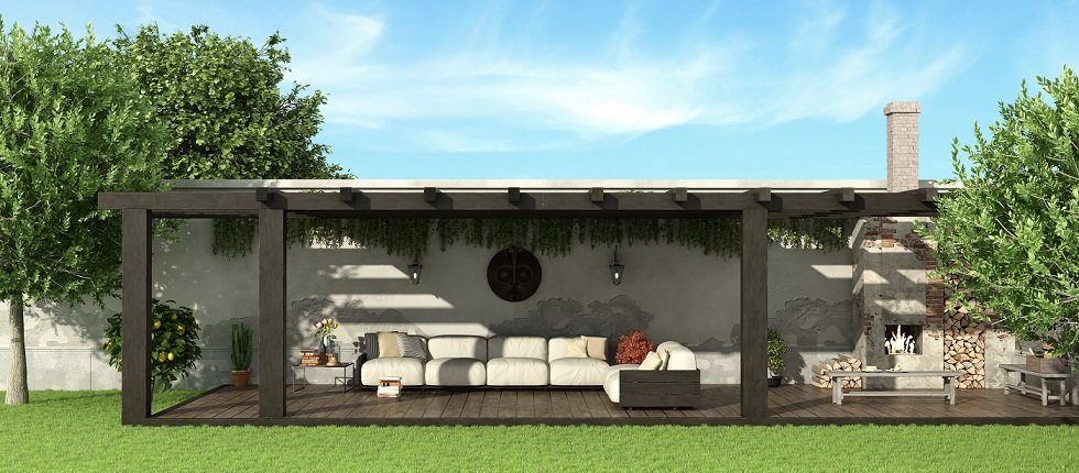 Garden with wooden pergola ,sofa and fireplace - 3d rendering